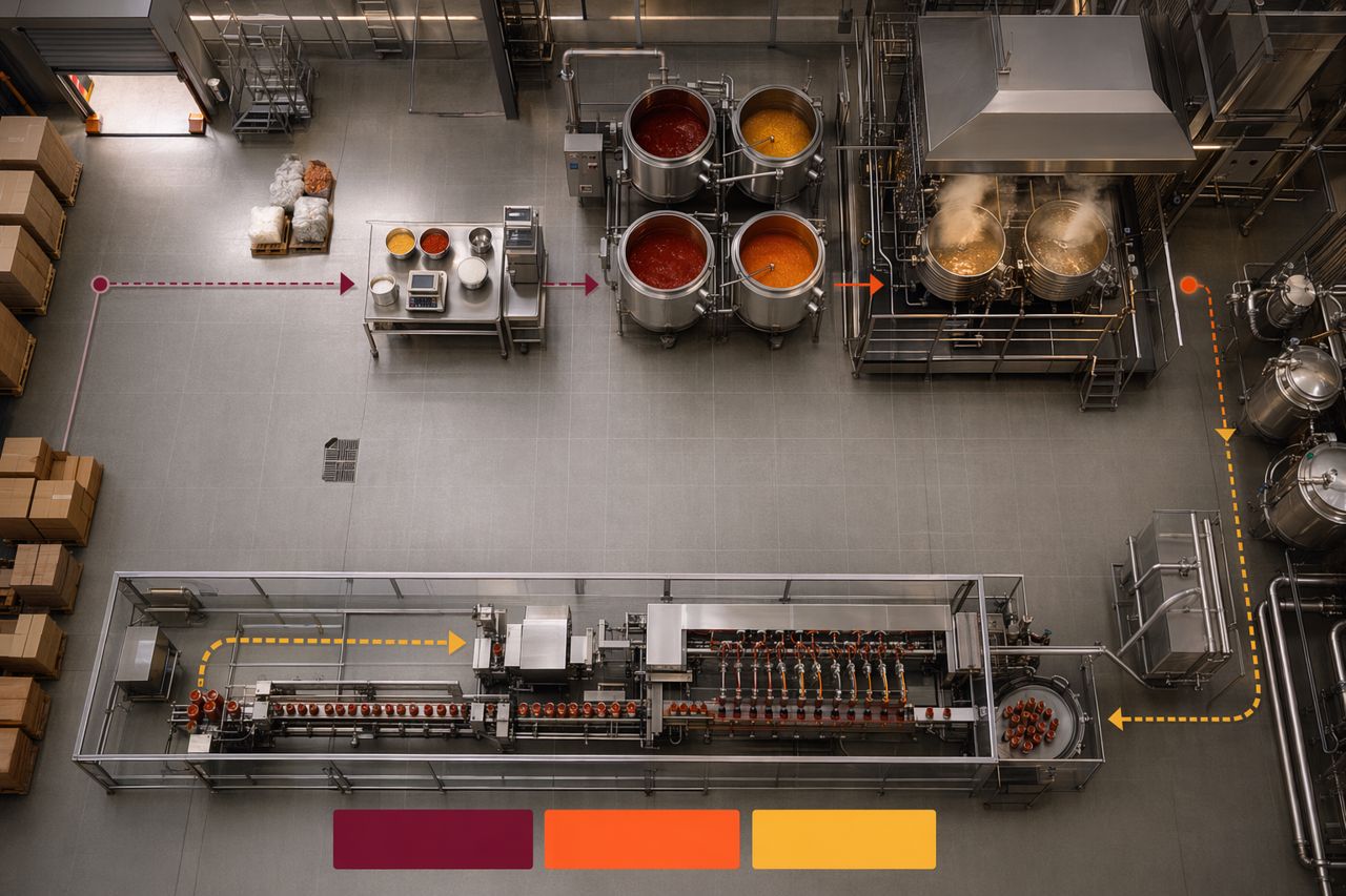 Cloud Kitchen Sauce Factory Layout: Batch, Cook, Hold, and Fill Zones