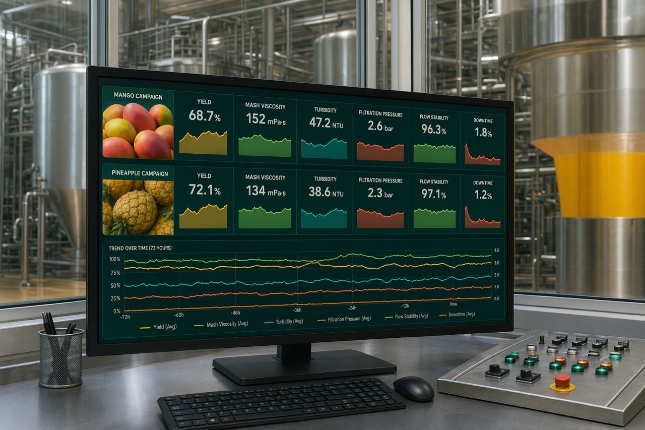 Fruit Juice Plant KPI Dashboard for Yield, Viscosity, and Filtration Control
