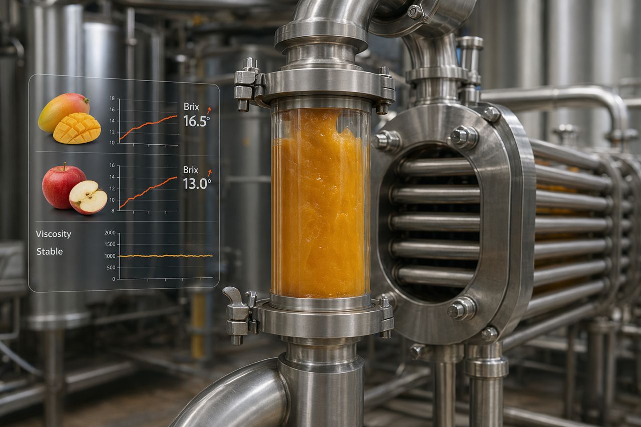 Brix, Heat Transfer, and Pump Load in Thick Fruit Puree Production